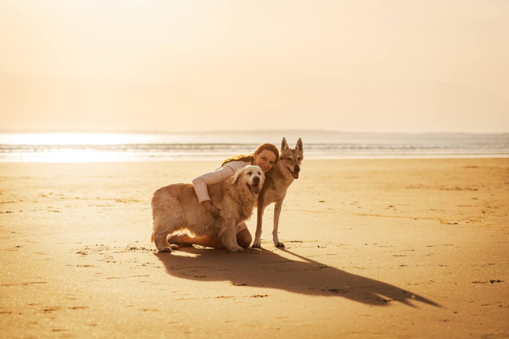 Laëtitia avec un Golden Retriever et un chien-loup tchécoslovaque sur la plage